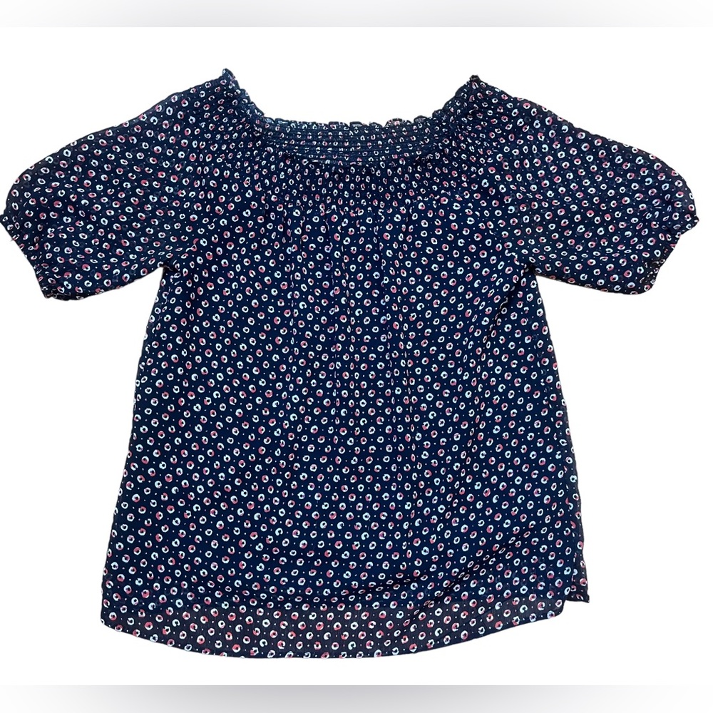 Ann Taylor Navy Blue Top Size S Short Sleeve Gathered Elastic Yoke Lined Flowy